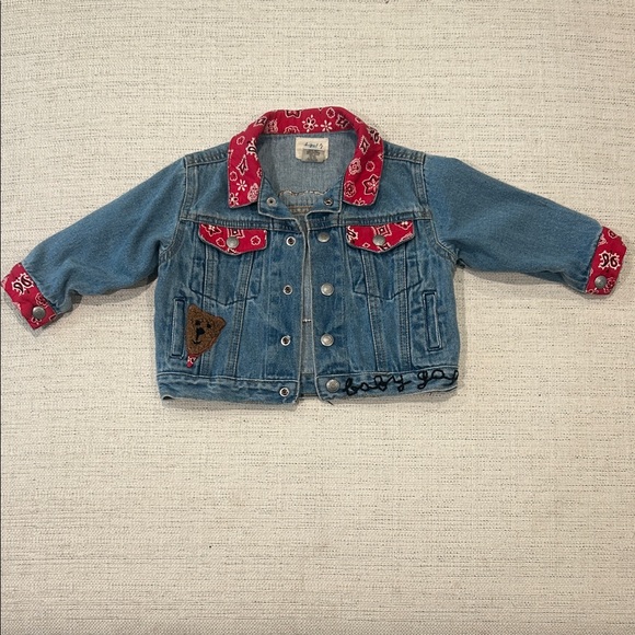 Vintage Kids Denim Jacket with Bear and Bandana Red Accents